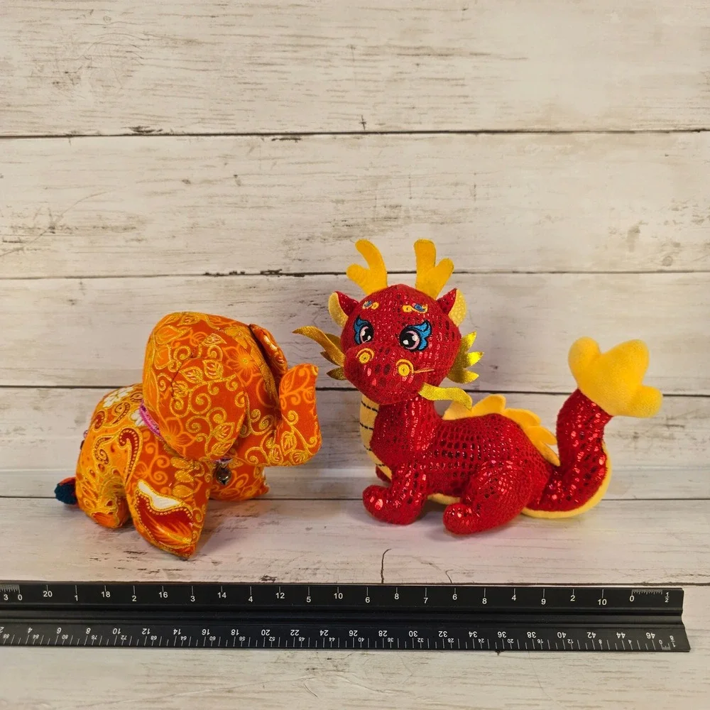 Chinese Zodiac Plush Set Red Sequin Dragon and Orange Floral‎ Elephant Decor